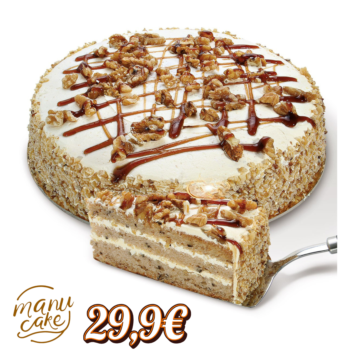 Massa de noz muito húmida, recheado e coberto a creme russo, decorado com nozes e caramelo