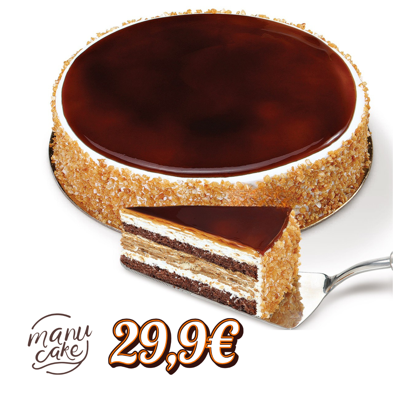 Pão de ló de chocolate, recheado com nata, entremeado com bolacha embebida em café, coberto a caramelo e decorado com aroz crocante