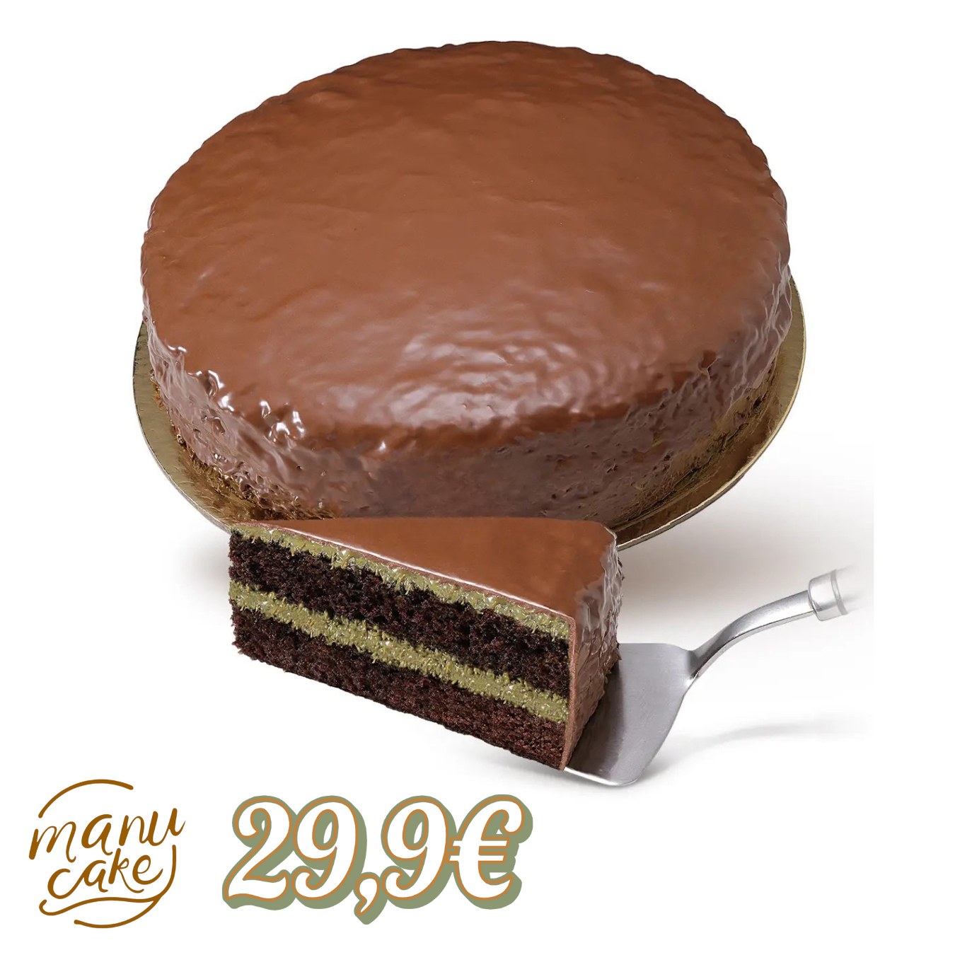 Massa de chocolate, recheado com creme de pistácio crocante e coberto com chocolate avela