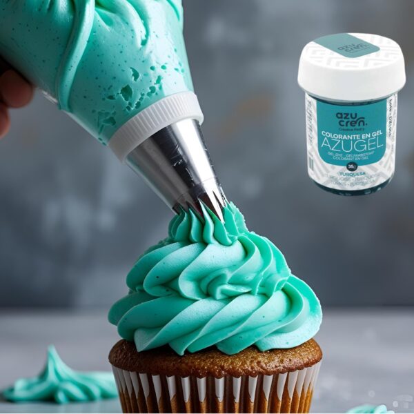 Embalagem do Corante Gel Turquesa Azugel 35g, indicado para decorar bolos, cupcakes e doces com um tom vibrante e fresco