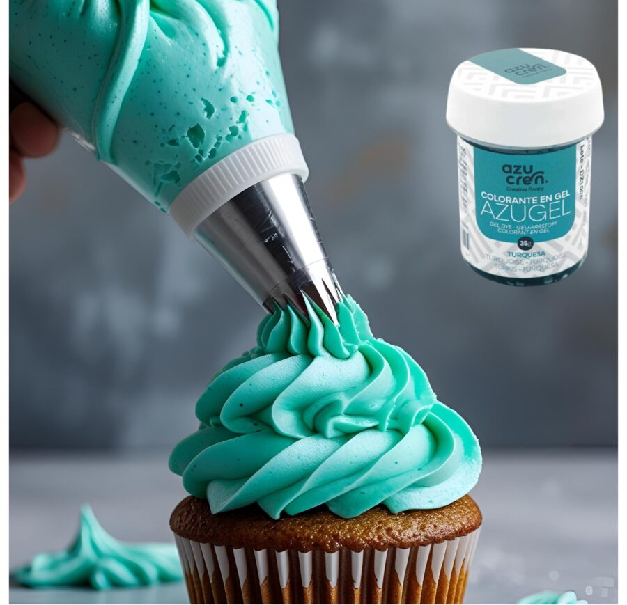 Embalagem do Corante Gel Turquesa Azugel 35g, indicado para decorar bolos, cupcakes e doces com um tom vibrante e fresco