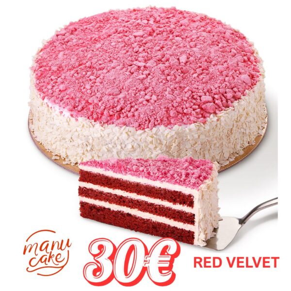 Bolo Red Velvet com três camadas de massa vermelha e creme branco, decorado com flocos e topo rosa.