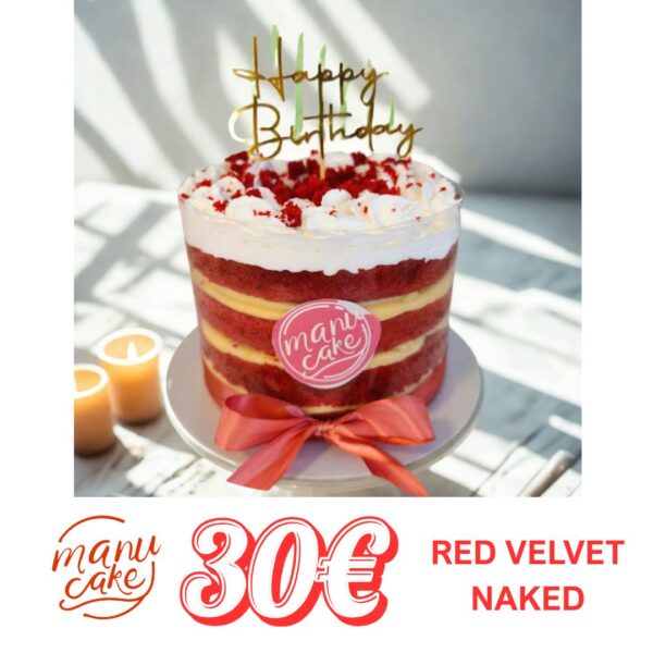 Bolo Red Velvet Naked com camadas expostas, recheio cremoso e acabamento sofisticado, ideal para celebrações.