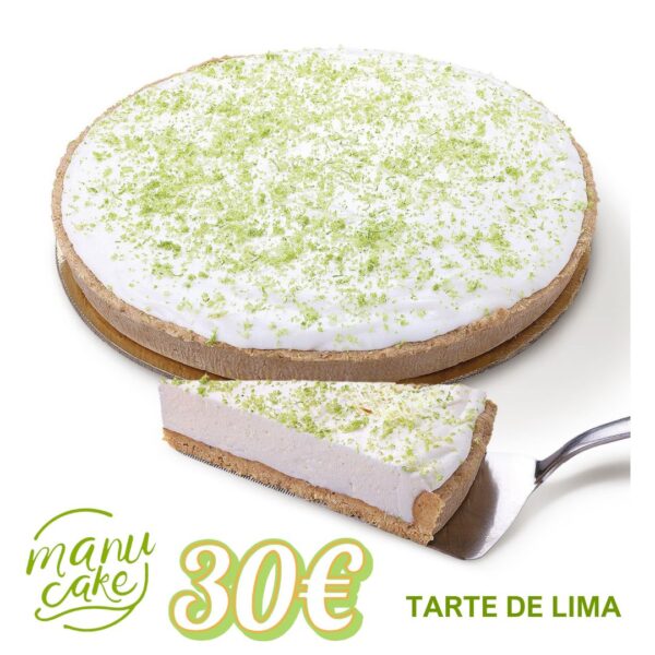 Tarte de Lima fresca com base crocante e raspas de lima, disponível na Manu Cake Lisboa.