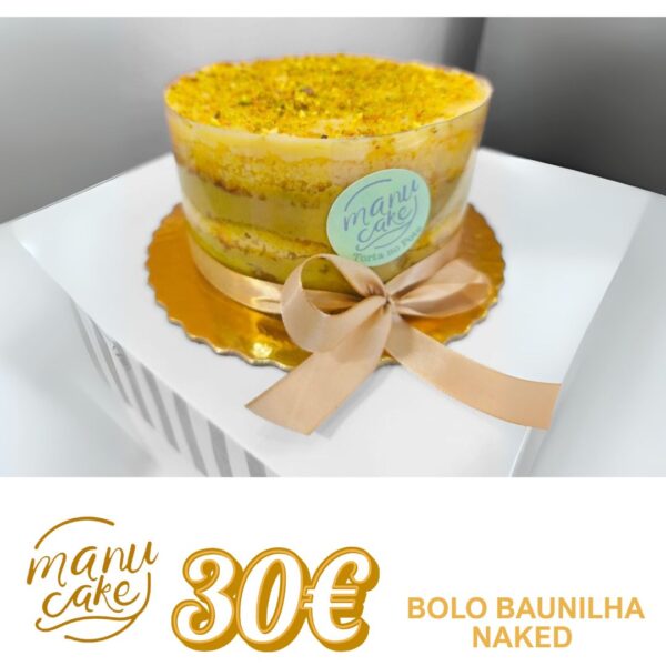 Bolo Naked de baunilha com creme e pistache, produzido artesanalmente na confeitaria Manu Cake na Ramada.