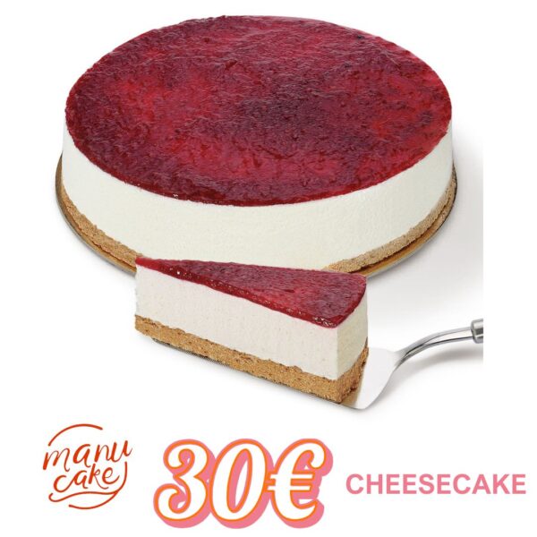 Cheesecake com base crocante, recheio cremoso e cobertura de frutos vermelhos, produzido artesanalmente na Manu Cake, Ramada.