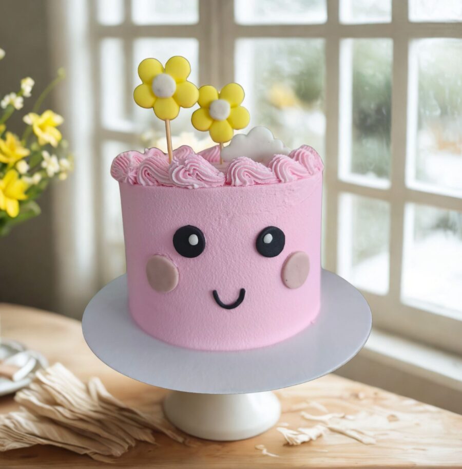 Bolo Rosa Kawaii decorado com rosto sorridente e flores amarelas, por encomenda com 72h de antecedência.