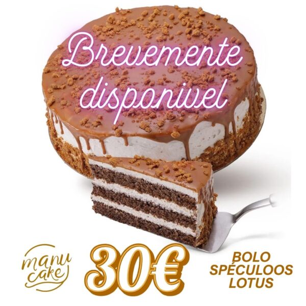 Bolo Speculoos Lotus com camadas de chocolate, recheio cremoso e cobertura de creme Lotus com pedaços crocantes, produzido artesanalmente na Manu Cake, Ramada.