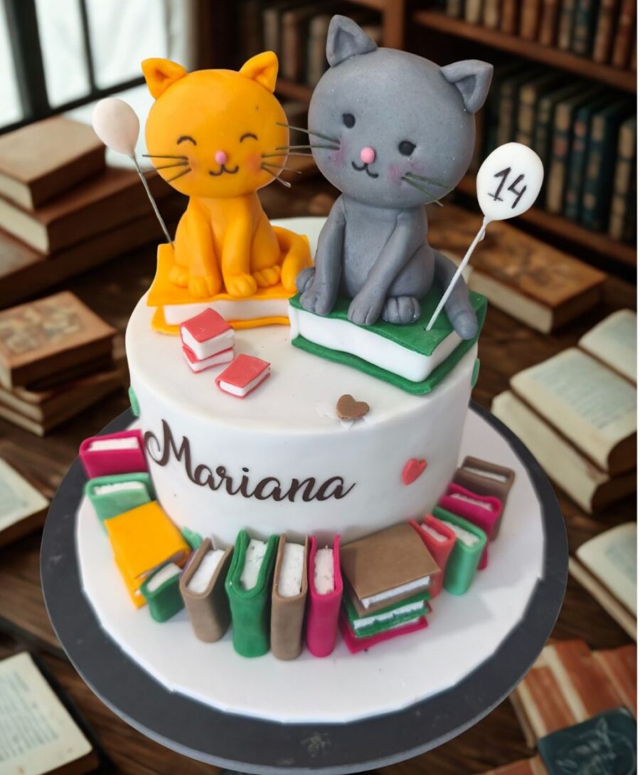 Bolo Gatos e Livros decorado com gatinhos em pasta de açúcar e livros coloridos, disponível por encomenda
