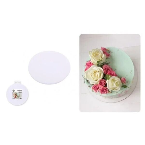 Base branca para bolos em MDF, disponível nos tamanhos 15, 20 e 25cm.