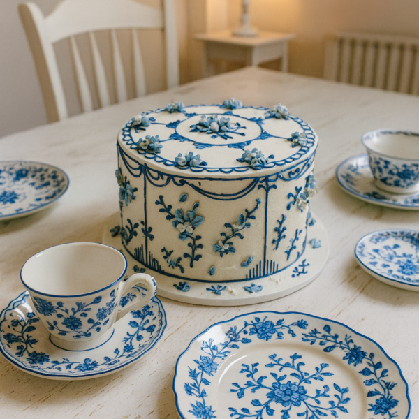 Bolo artesanal estilo porcelana azul com flores e arabescos em