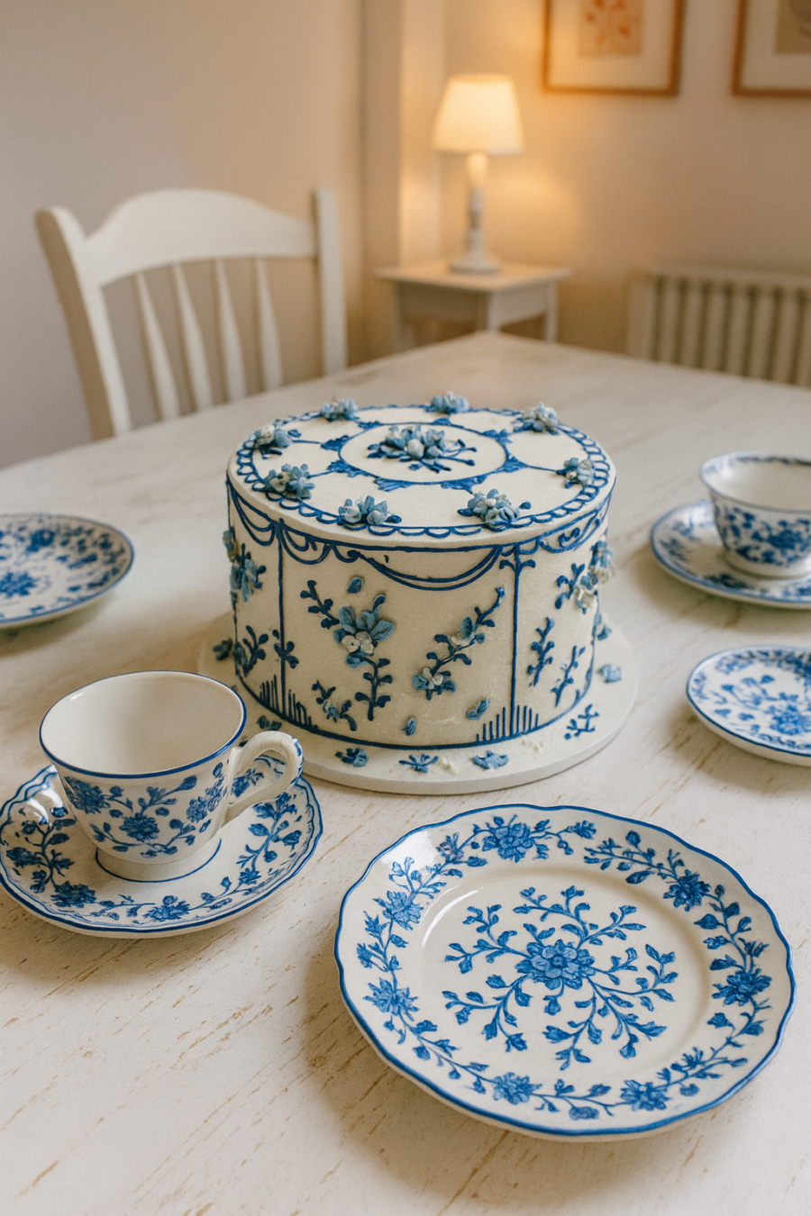 Bolo artesanal estilo porcelana azul com flores e arabescos em