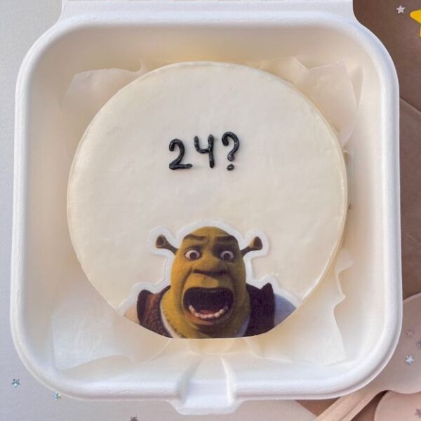 Mini bolo branco com imagem do Shrek e número “24?”.