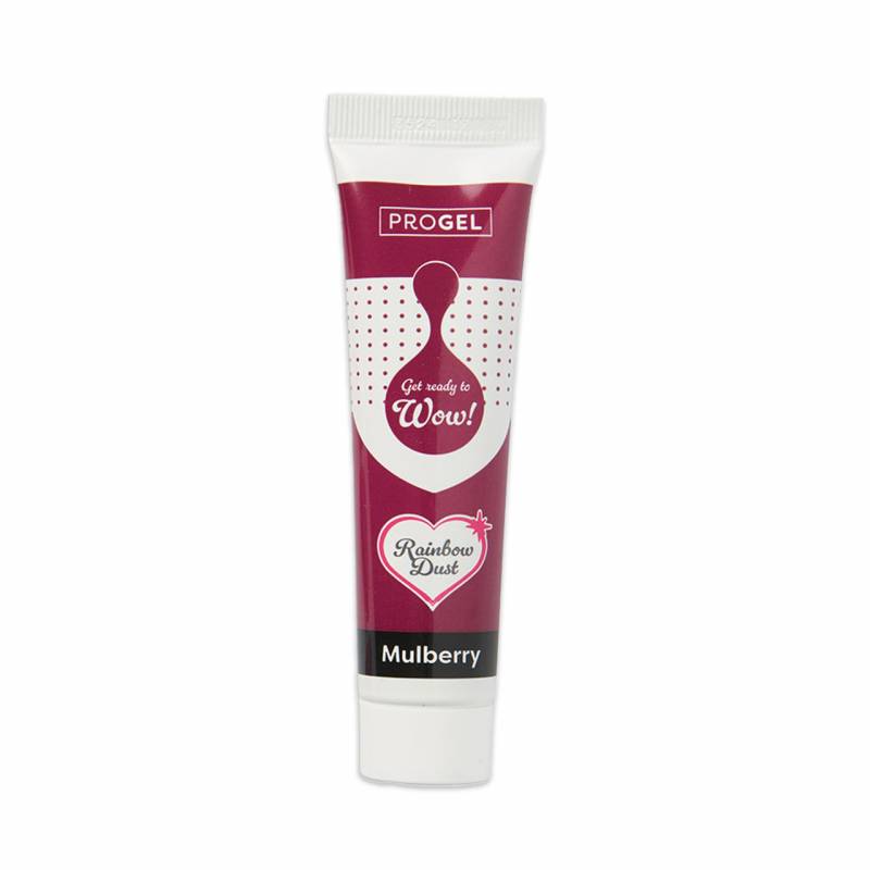 Corante em gel ProGel Mulberry 25g Corante em gel ProGel Mulberry Rainbow Dust 25g em embalagem preta e rosa.